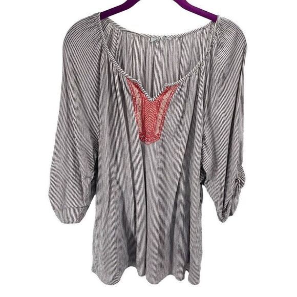 Womens Top Blouse Tunic Roll Tab Sleeve Stretch V Neck Striped Black White 2X - Picture 1 of 9